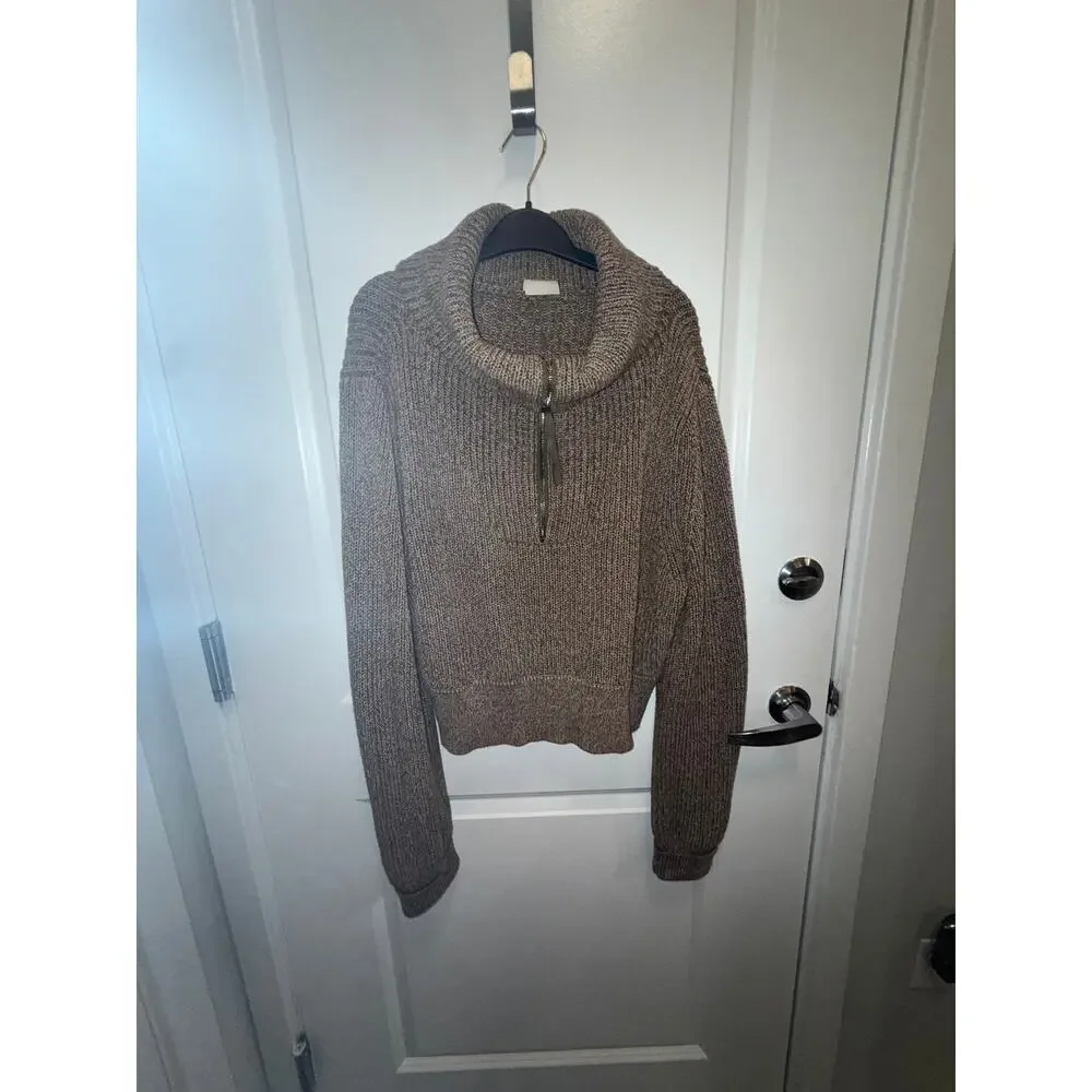 Varley Chunky Knit Quarter Zip Sweater Women Brown Oversized Collar Cozy